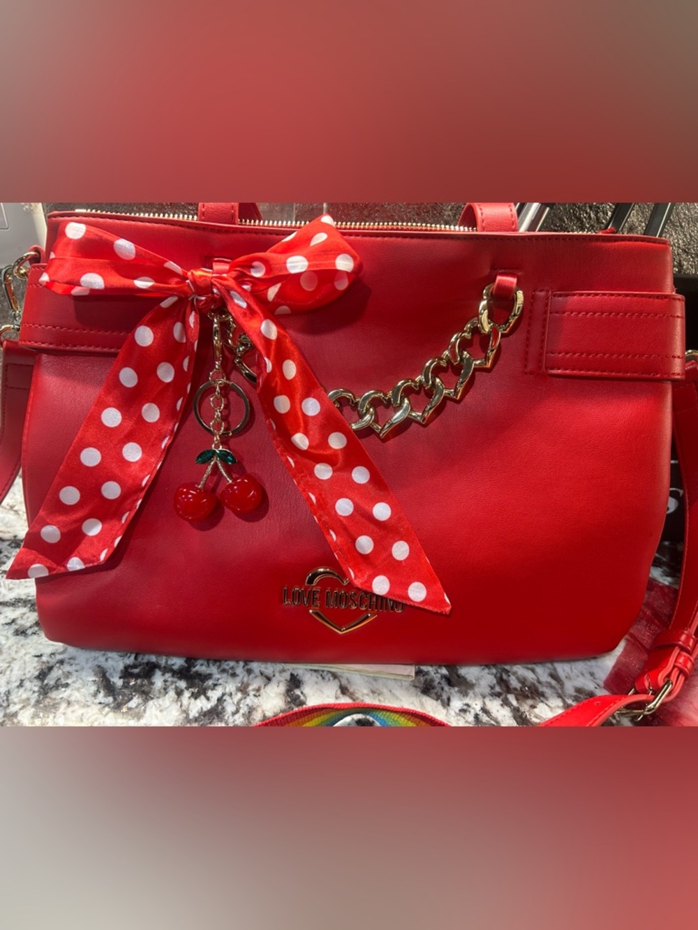 Love Moschino Red Leather crossbody Polka Dot Bow and Cherry Charm New